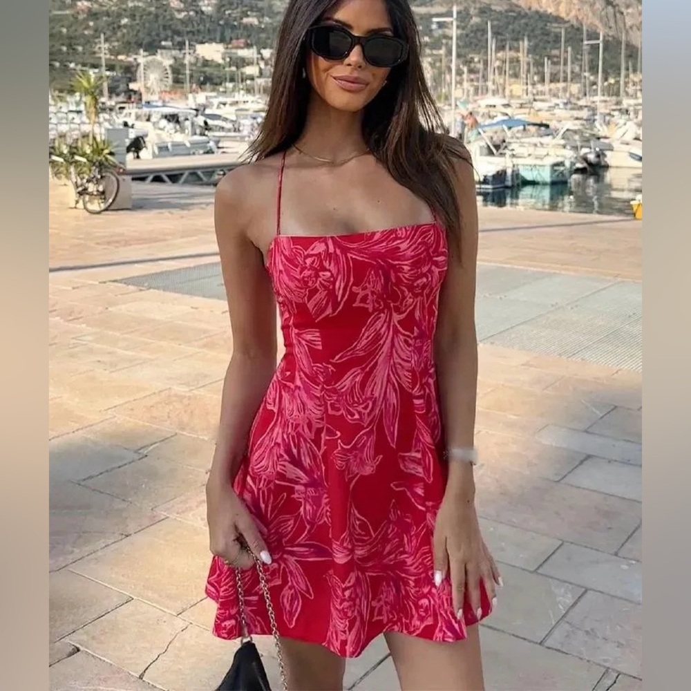 Zara Strapless pink Red Floral mini Dress